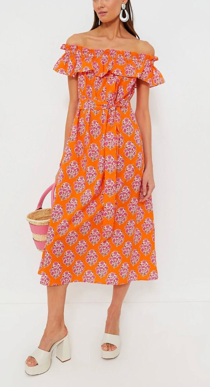 Pink City Prints Tuckernuck Tallulah Off the Shoulder Orange Buta Midi Dress S